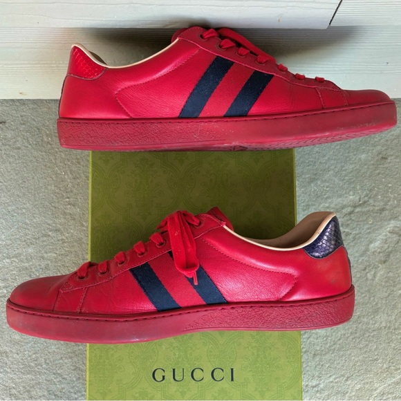 Gucci Ace Red Leather with Gold Insect Embroidery Sneakers for Men 🔥 - Picture 6 of 9